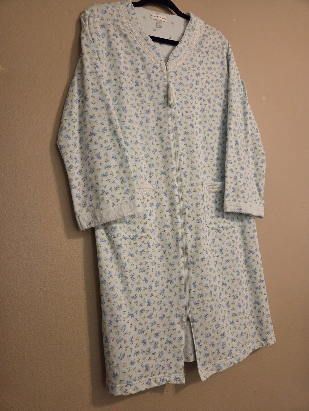 MISS ELAINE Blue Ditsy Flower Full Zip Long Sleeve House Coat Duster Robe Size S - Picture 3 of 12
